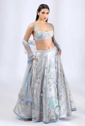 Grey fairytale lehenga with bralette blouse and dupatta
