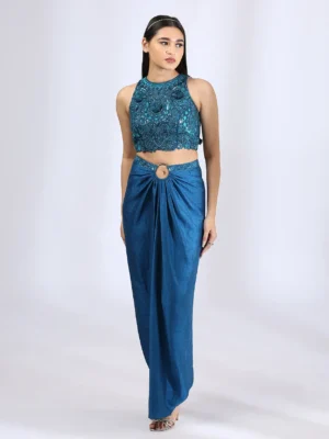 Peacock Blue Halter top teamed with a draped skirt