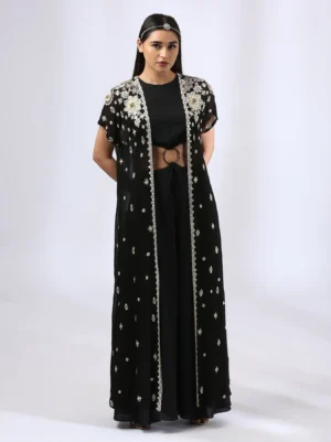 Jet black jumsuit with an embroidered open jacket
