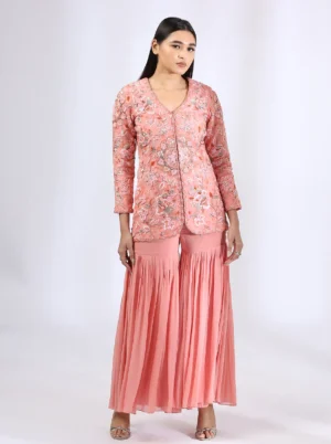 Peach Organza Jacket with Zardozi Embroidery & Georgette Gharara Set