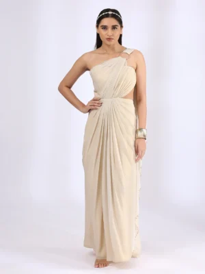 Ivory gold shimmer pre draped saree