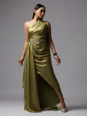 Olive Green pre draped saree Gown with embroidered waist belt