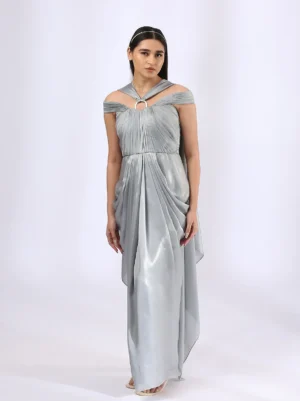 Metallic Grey Foil Georgette Draped Gown with Pleated Bodice