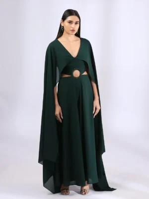 Dark Green Double Georgette Jumpsuit with Ring Cutout & Cape Sleeves