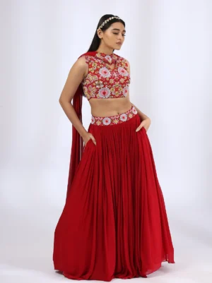 Red Embroidered High Neck Choli with Pleated Lehenga & Dupatta Set