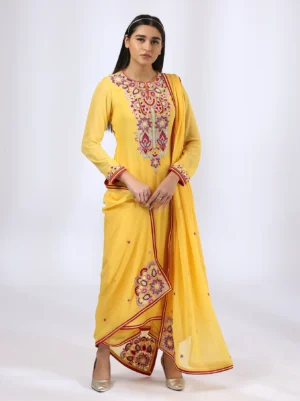 Yellow Kurta with embroidered Yoke teamed with palazzo pants and dupatta
