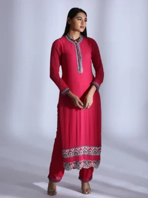Rani Pink Georgette Kurta Set with Embroidered Hem & Palazzo Pants