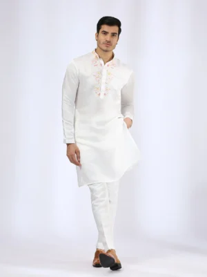 Ivory Embroidered Kurta Set with Bugle Bead Collar Detail and Narrow Pants