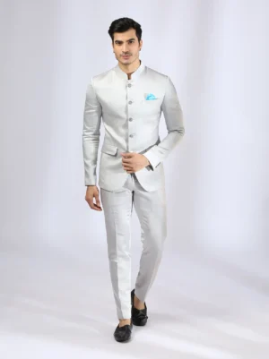 Grey Bandhgala teamed with narrow pants