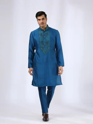 Peacock Blue kurta teamed with narrow pants