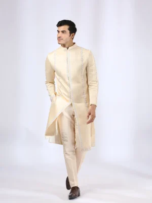 Beige Embroidered sherwani with matching narrow pants