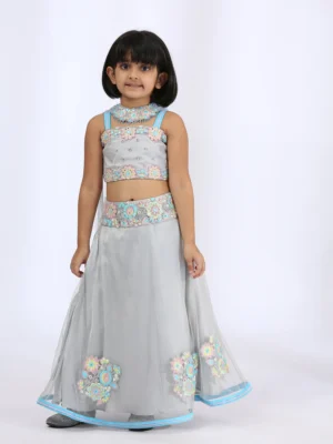 Embroidered Grey Lehenga Choli teamed with jewelled dupatta