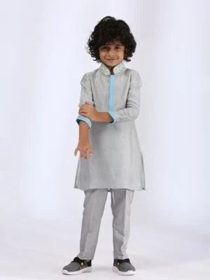 Grey Embroidered Collar Kurta Set with Narrow Pants