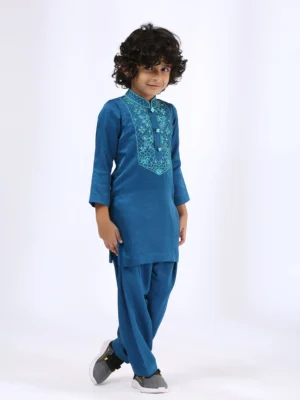 Peacock Blue Embroidered Yoke Kurta Set with Narrow Pants