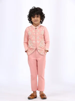 Peach Threadwork Embroidered Jacket Set with Narrow Pants