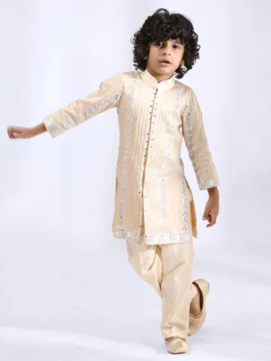 Nude Thread Embroidered Sherwani Set with Narrow Pants