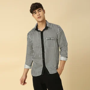 Black and White Striped Button Down Shirt in Satin Linen