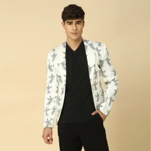 White Bird Print Blazer in Satin Linen with Front Pocket Detail