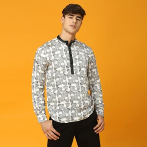 Black and White Fish Print Short Kurta in Satin Linen with Collar and Placket Detail