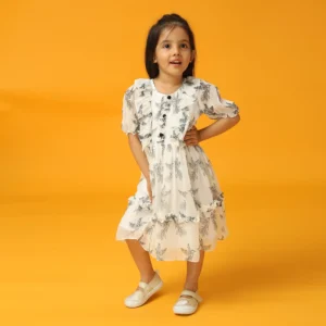 Bird print dress with ruffle detail