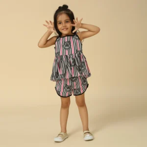 Pink striped peplum top with matching shorts