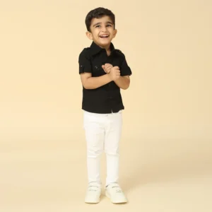 Black Linen Shirt with Embroidered Tiger Motif