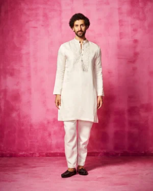 Ivory Kurta Set with Velvet Patchwork Embroidered Yoke and Narrow Pants