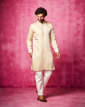 Nude Embroidered Kurta Set with Crest Detail and Narrow Pants