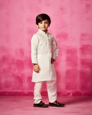 Ivory Velvet Patchwork Embroidered Kurta Set with Narrow Pants