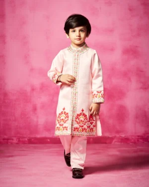 Light Pink Velvet Patchwork Embroidered Sherwani Set with Narrow Pants