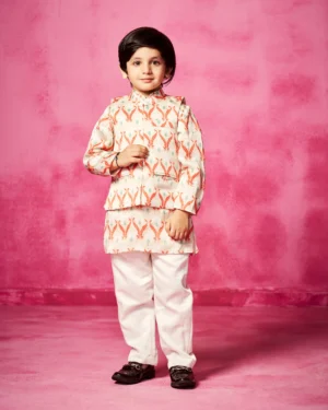 Printed Kurta Set with Matching Waistcoat and Ivory Narrow Pants