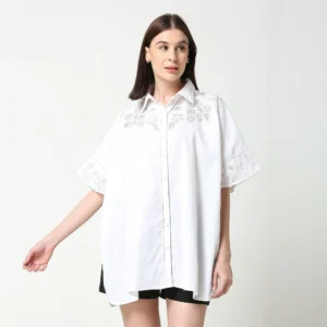 Ivory Cutwork Detail Kaftan Shirt in White Cotton Linen