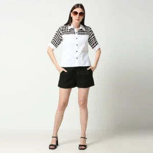 Ivory Warp Weft Detail Shirt in Black White Pink Cotton Linen Collar