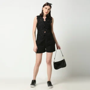 Black cutwork waistcoat with matching shorts