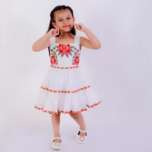 Tired dress with multicolored thread embroidery on yoke