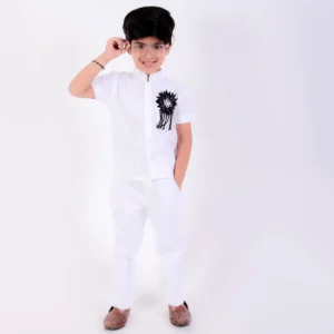Ivory Patchwork Motif Shirt with Chest Pocket