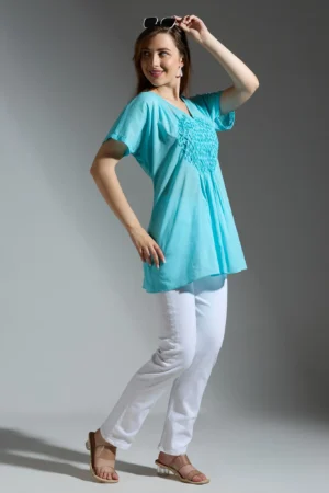 Sky Blue Smocked Cotton Cambric Top with Center Front Detail V-Neck