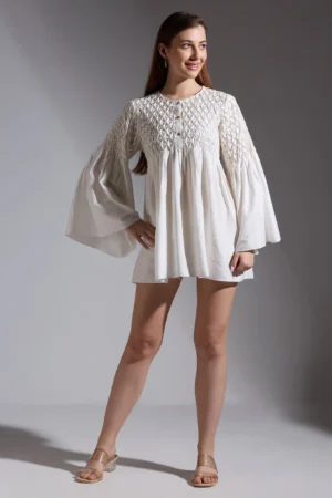 Ivory Hand Smocked Tunic in Spun Silk with Contrast Thread Round Neck