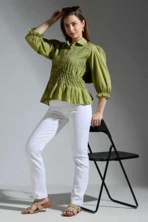 Green Pleated Hand Smocked Cotton Cambric Top with Collar Detail