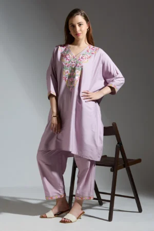 Light Purple Mirror Work Co-Ord Set in Spun Silk Round Neck Elegant Fit