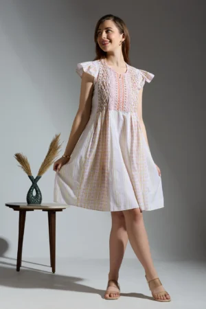 Printed baby doll dress with embroiderd yoke