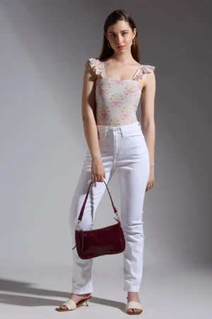 Printed Lycra Bodysuit with Flutter Sleeves Square Neck Stretch Fit