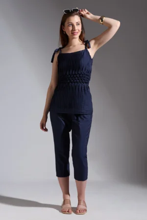Midnight Blue Smocked Co-Ord Set in Spun Silk Square Neck Tie-Up Style