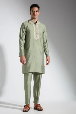 Forest Green Kurta set with embroidery details on collar and around placket