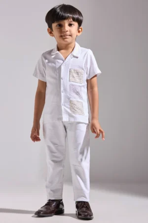 Ivory Cotton Linen Shirt with Contrast Stitch Pocket Detail