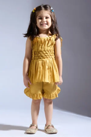 Mustard Smocked top with matching shorts set