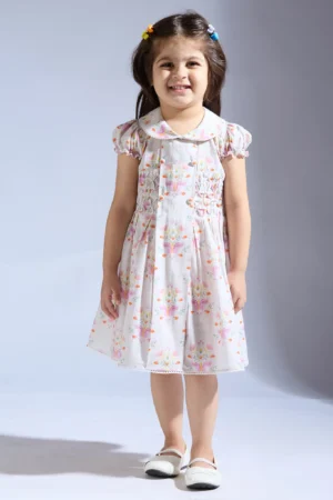 Printed Cambric Smocked Dress with Collar and Short Sleeves for Girls