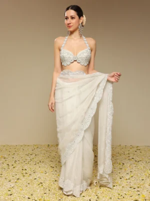 Ivory scalloped embroidered saree with matching blouse