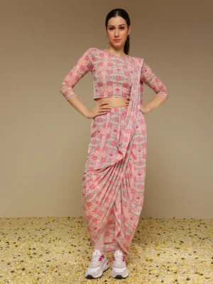 Pre Draped Printed Chudidar Saree Set with Embroidered Blouse Lycra