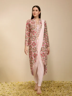 Pre Draped Chudidar Saree with Embroidered Jacket Lycra Silk Set Multi